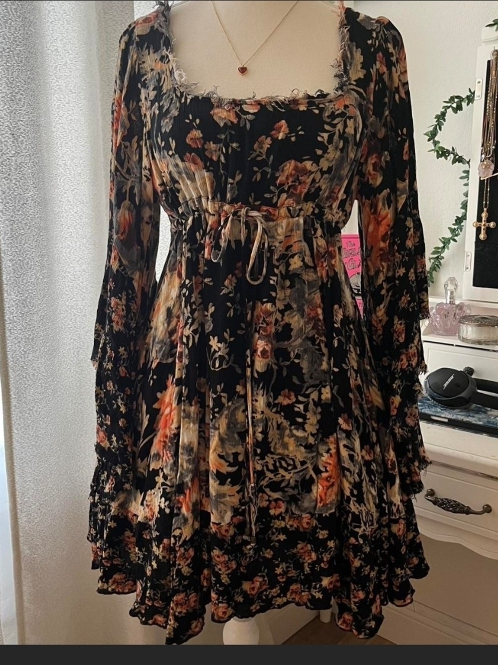 Free People Black Floral Long-Sleeve Empire Tie Dress